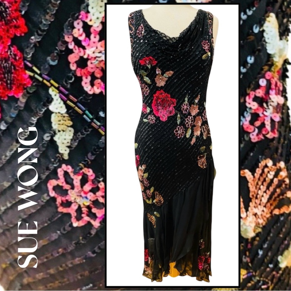 SUE WONG New Black Sequin Silk Chiffon Dress Cocktail Evening Bias-cut Sz 8/M